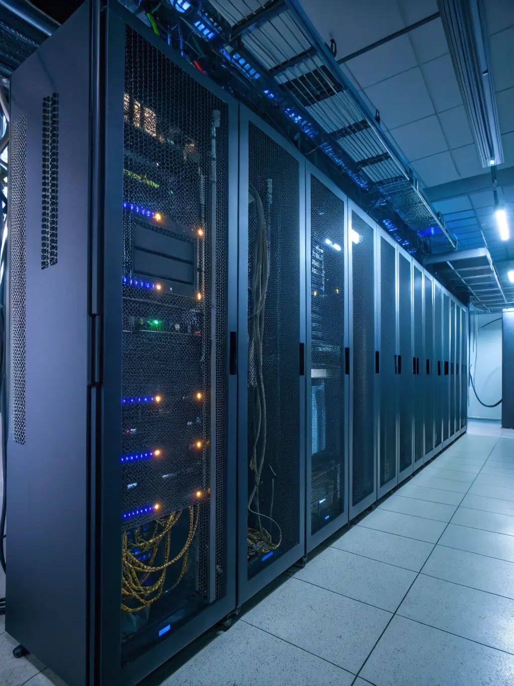 A 3D rendering of a data center rack layout, illustrating cable management, airflow, and equipment organization.