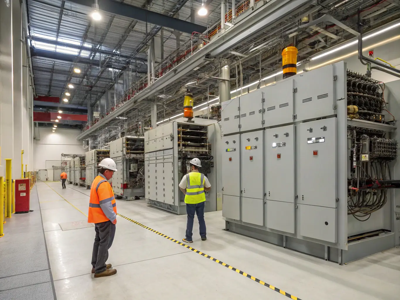 A manufacturing plant floor with visible cable trays and pathways, illustrating Cabling Atlanta's capability to design and install structured cabling systems in industrial environments.