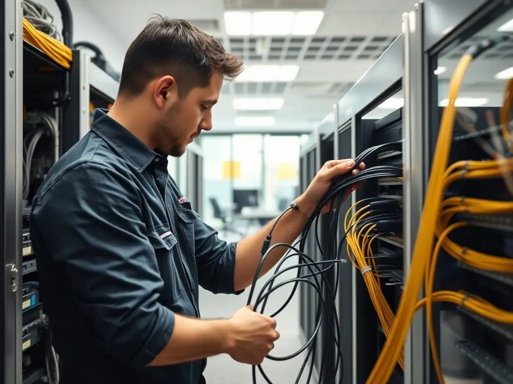 Technicians installing structured cabling in a modern office server room with organized racks and cable management.