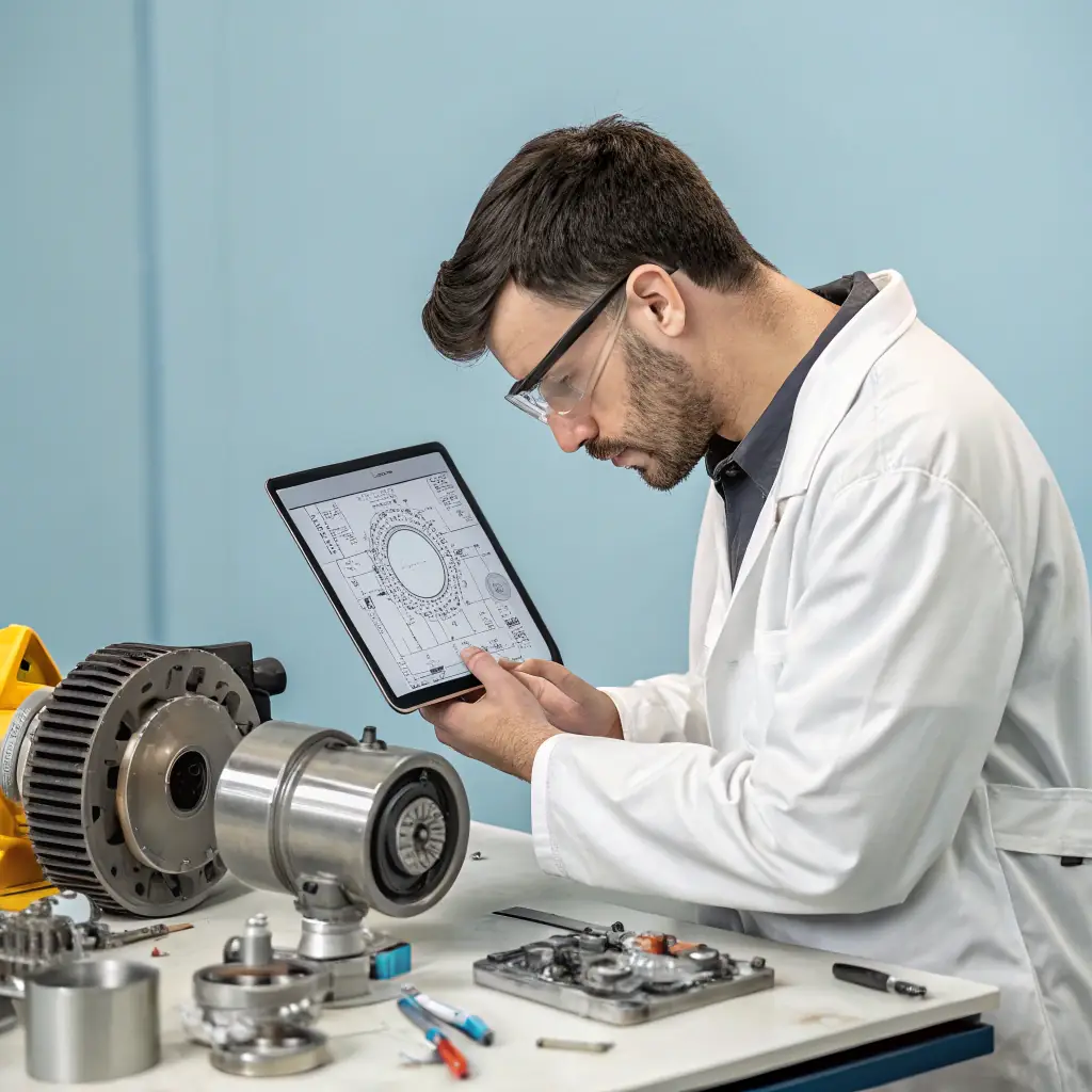An engineer reviewing project details on a computer screen.