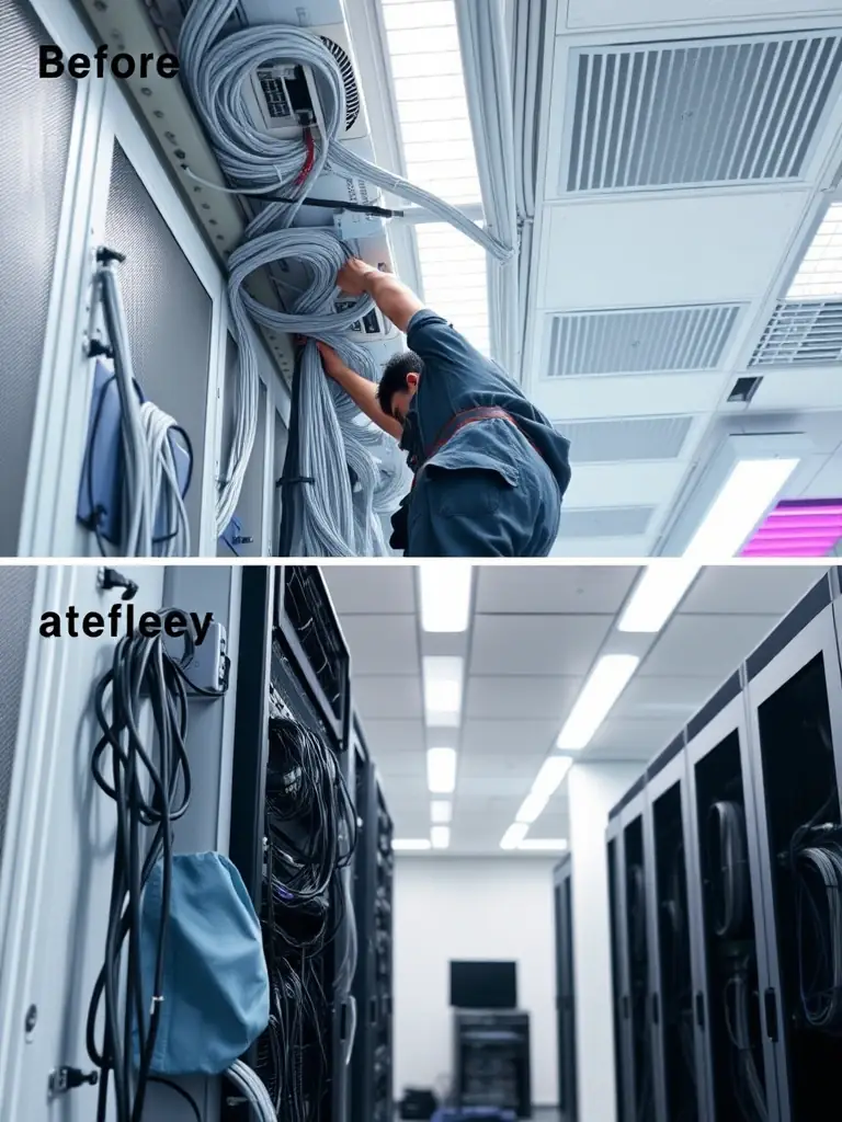 A technician holding as-built documentation next to a newly installed cabling system, emphasizing the importance of accurate records for future maintenance and upgrades.