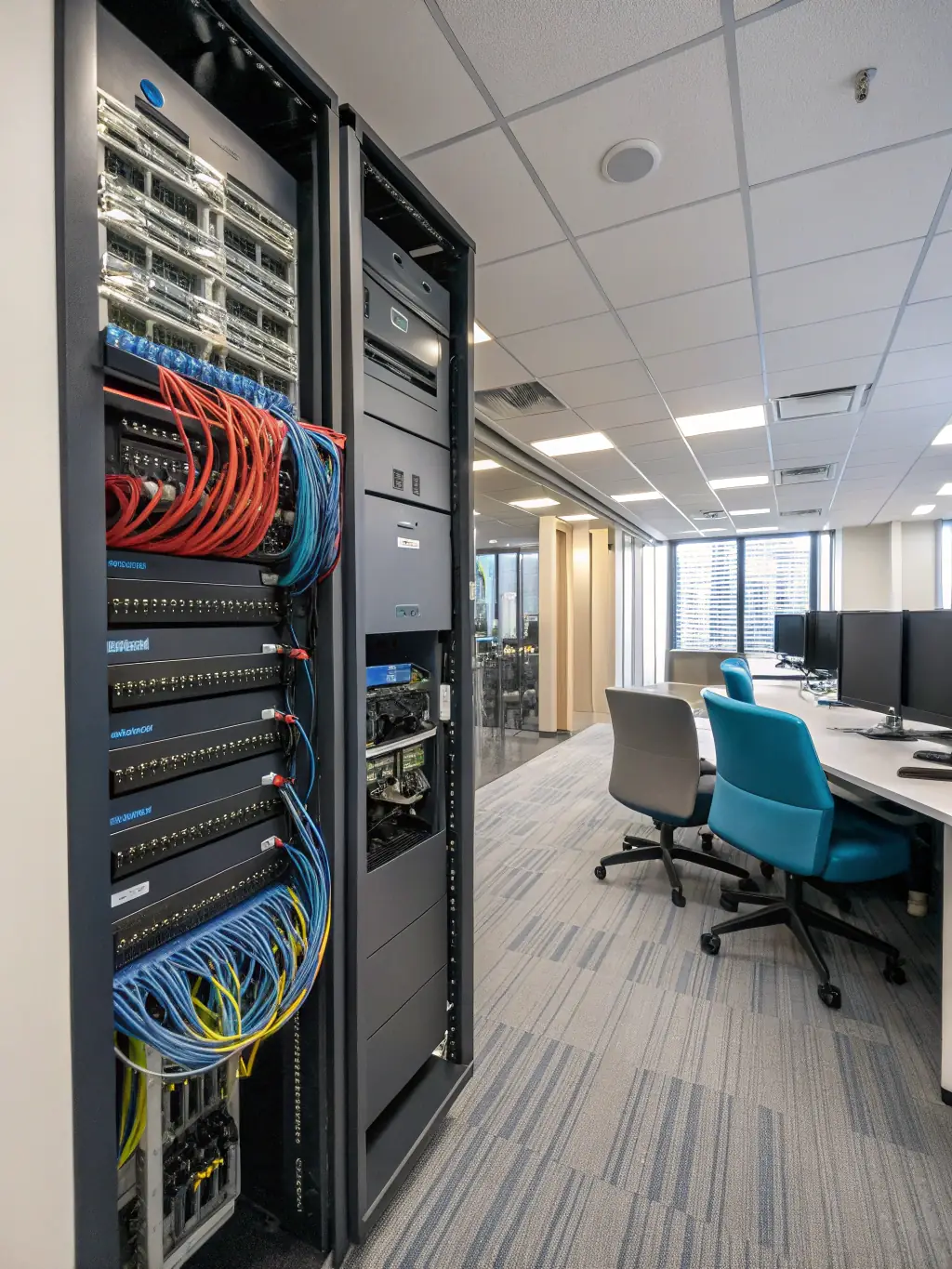 A wide shot of a long fiber optic cable run in a large warehouse, emphasizing the distance and the importance of reliable connectivity.