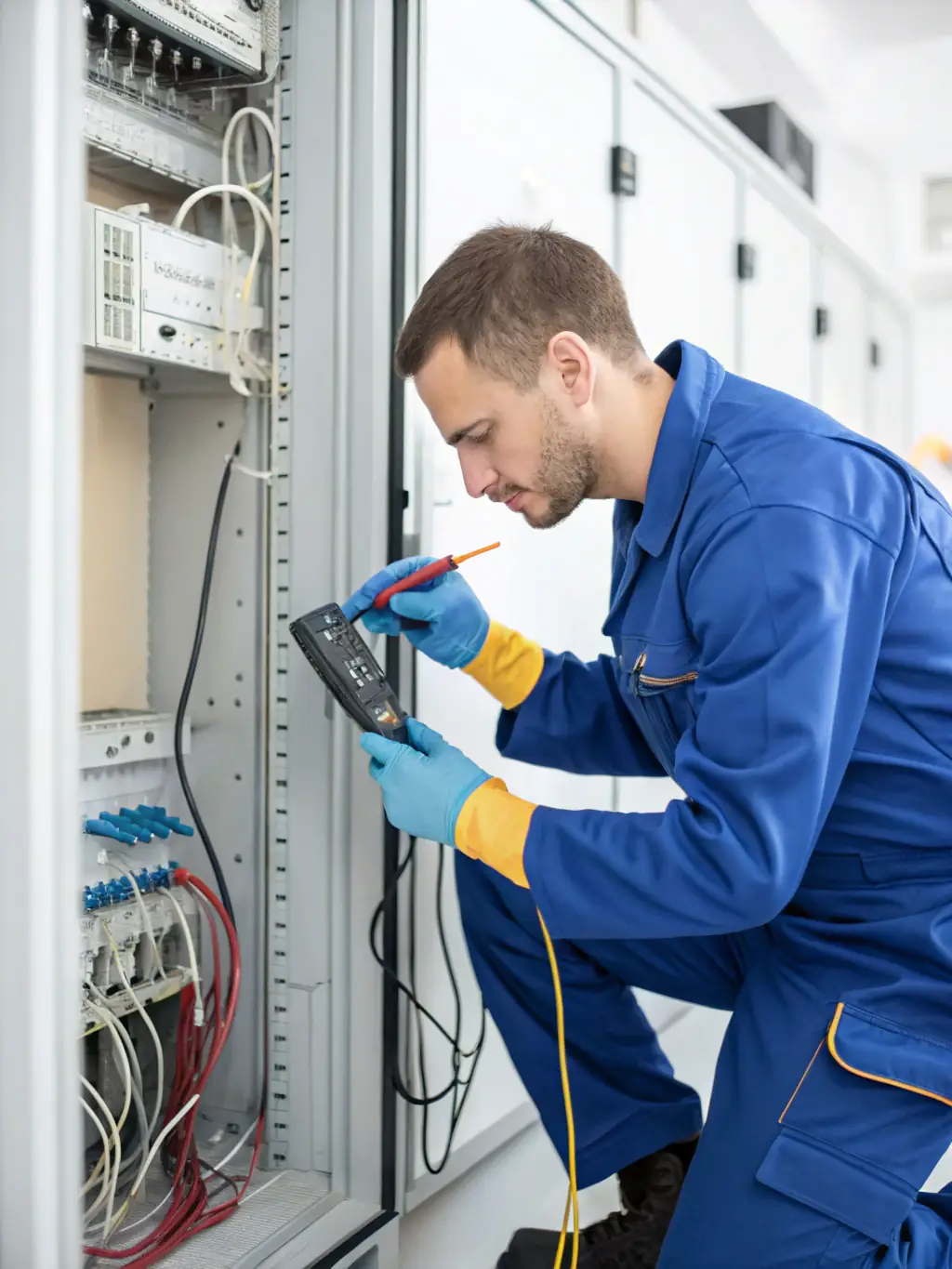 A technician using a cable tester to certify a Cat6A cable installation, showing the rigorous testing and certification process followed by Cabling Atlanta.