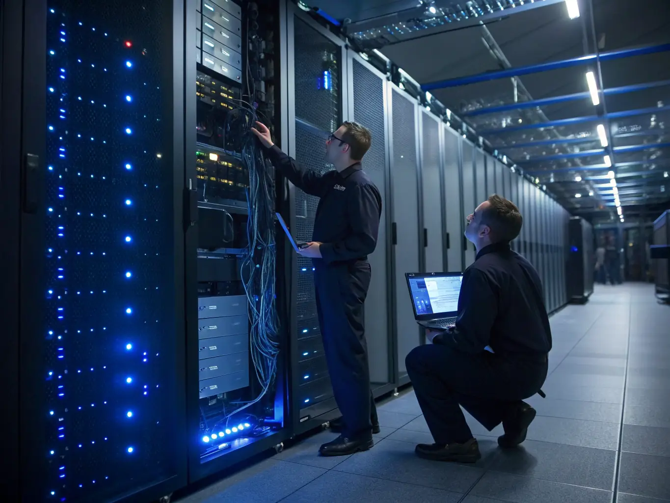 A well-designed data center buildout with efficient cable management and cooling systems, emphasizing optimal performance.