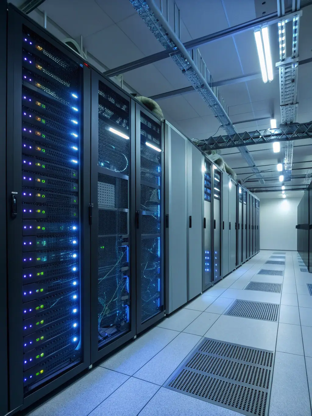 A brightly lit, modern data center server room with neatly organized fiber optic cables connecting various servers and networking equipment.