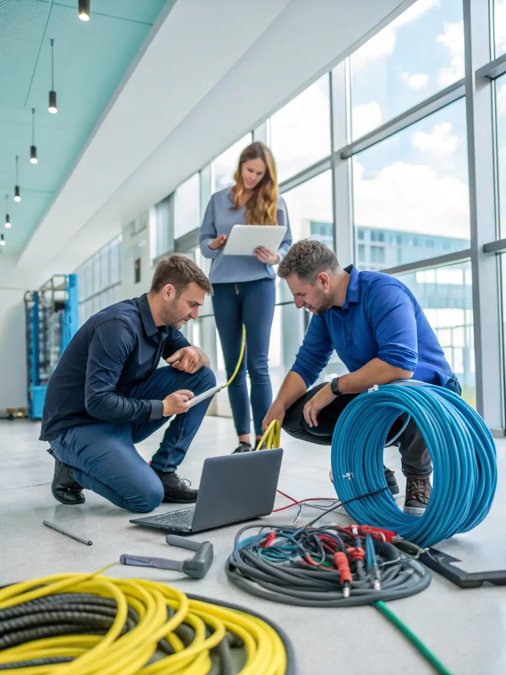 A photo of Cabling Atlanta technicians meticulously planning and designing a structured cabling system using CAD software, showing cable pathways and equipment locations.