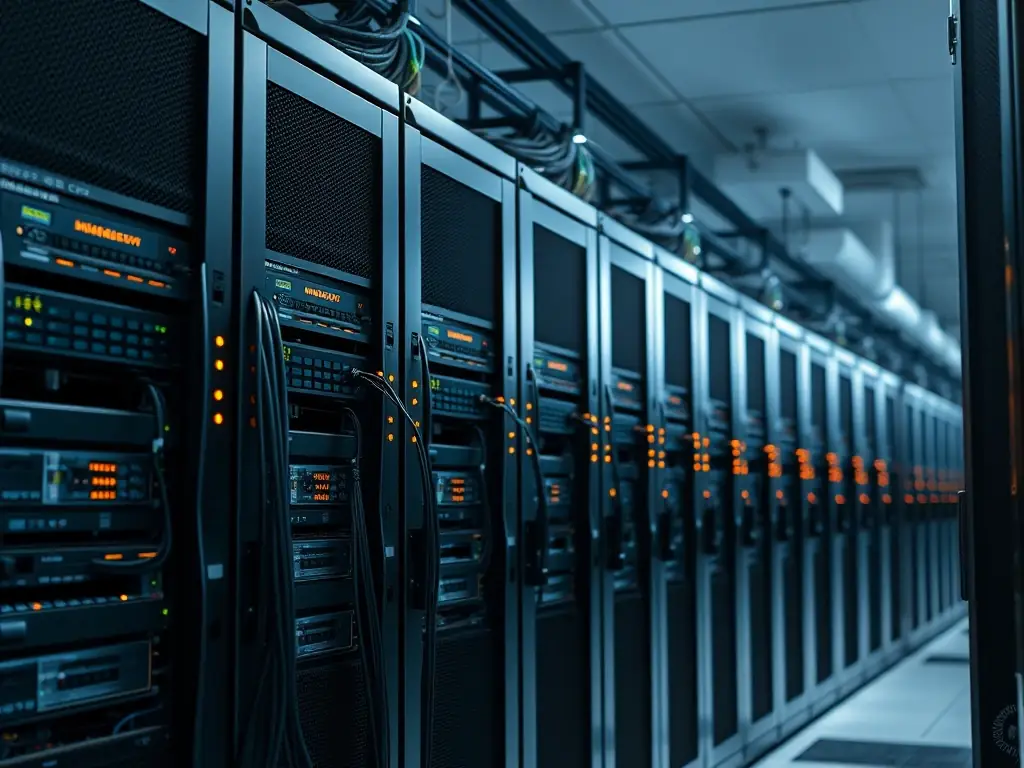 A server room with neatly organized Cat 6 cables and patch panels, showcasing a clean and efficient installation.