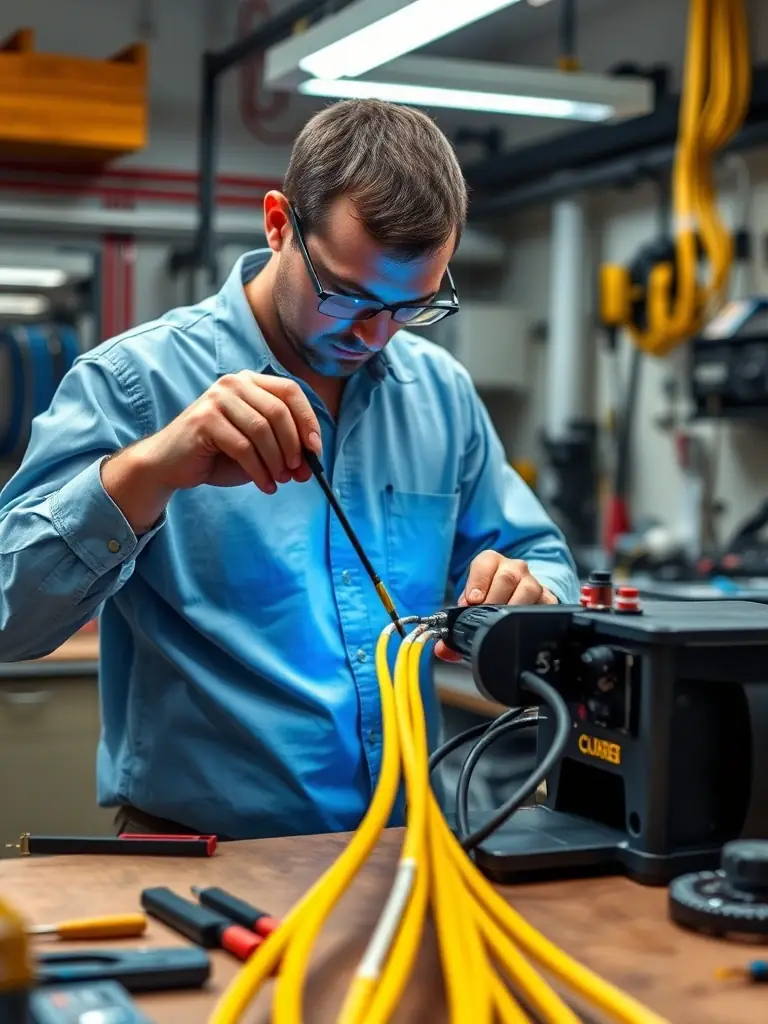 A technician splicing fiber optic cables in an MDF room, showcasing the precision and expertise involved in fiber optic terminations and testing.