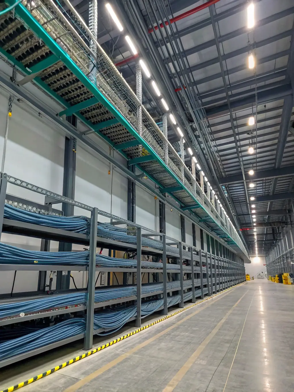 A wide shot of a cable tray system installed above network racks in an IDF closet, highlighting the organized cable pathways and support structures.