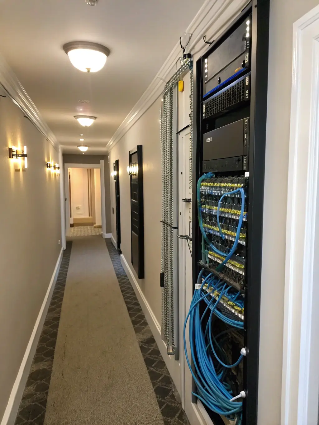 A close-up shot of a well-organized MDF/IDF room with color-coded Cat6 cables connected to patch panels and network switches.