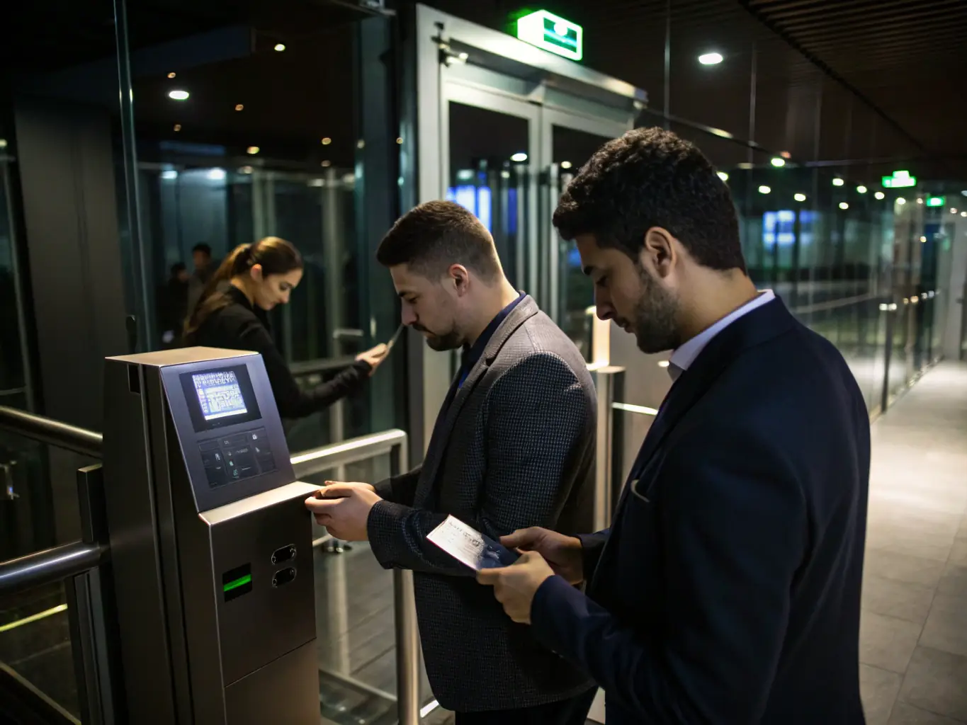 A close-up shot of a modern door card reader installed on a commercial office door, highlighting the clean and professional cabling work. The background shows a blurred office environment.