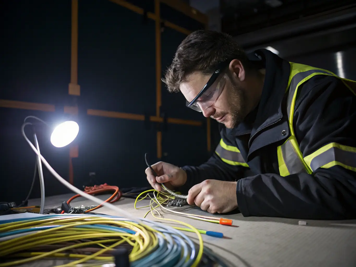 A technician splicing fiber optic cables in a data center environment, highlighting precision and expertise.