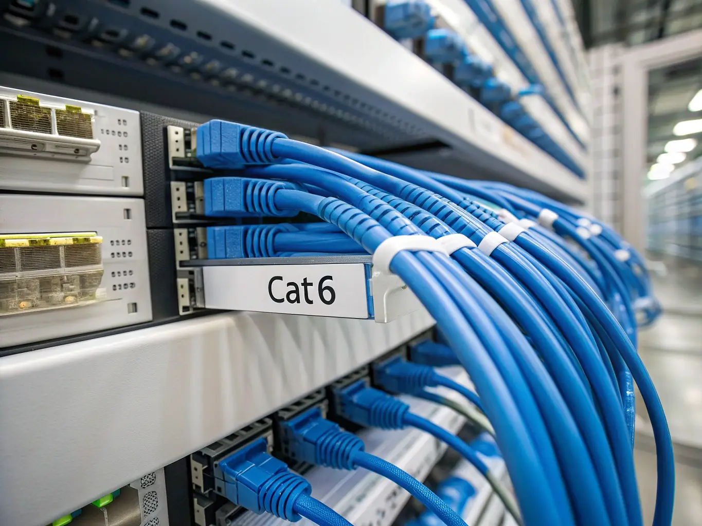 A close-up shot of neatly organized Cat 6 cables connected to a patch panel in a server room, highlighting the clean and efficient installation.