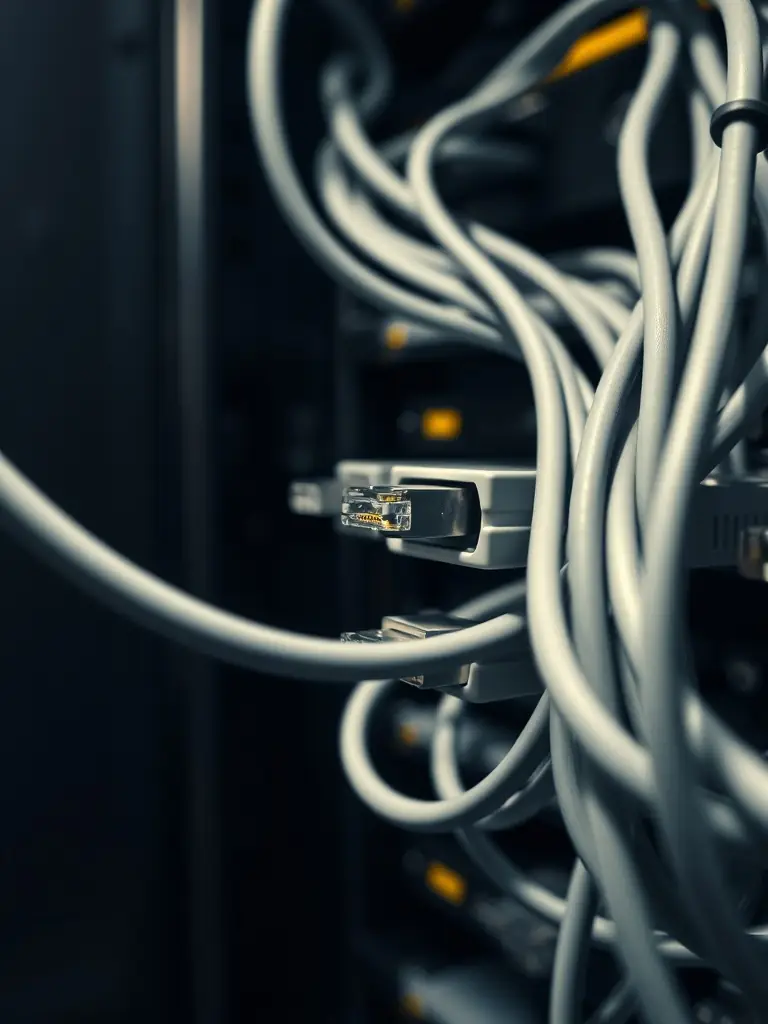 A close-up shot of a professionally installed Cat6A cable bundle, neatly organized in a data center rack, highlighting the high density and clean installation.