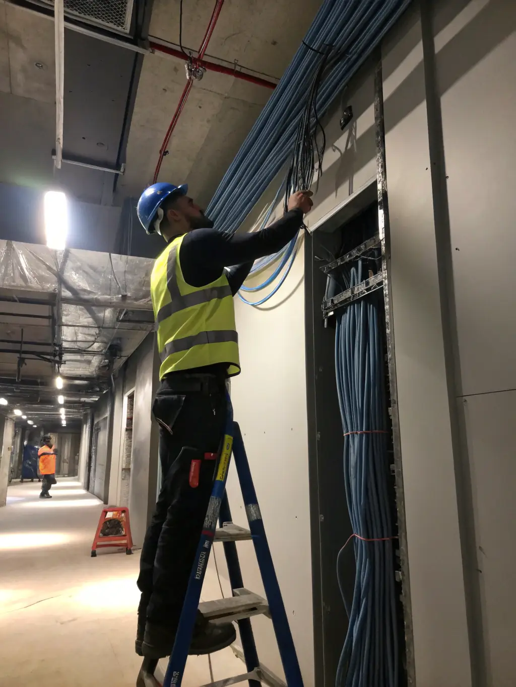 Certified technicians in Atlanta professionally installing Cat6 cabling in a server room, ensuring industry standards are met.