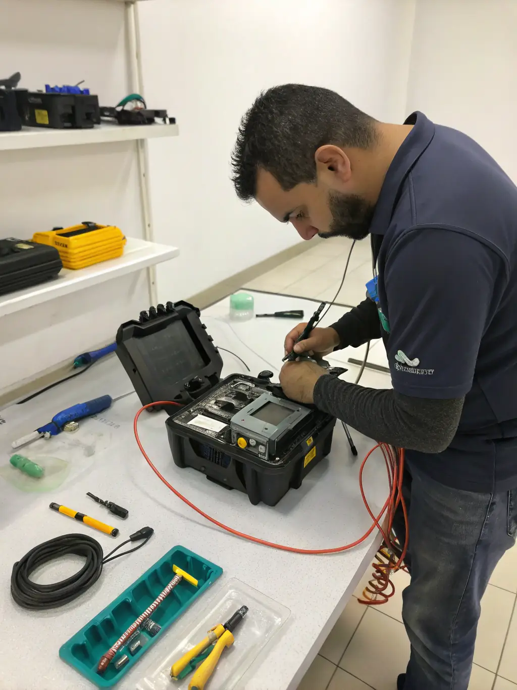 A technician splicing fiber optic cables in a data center environment, showcasing the precision and expertise involved in fiber optic installations.