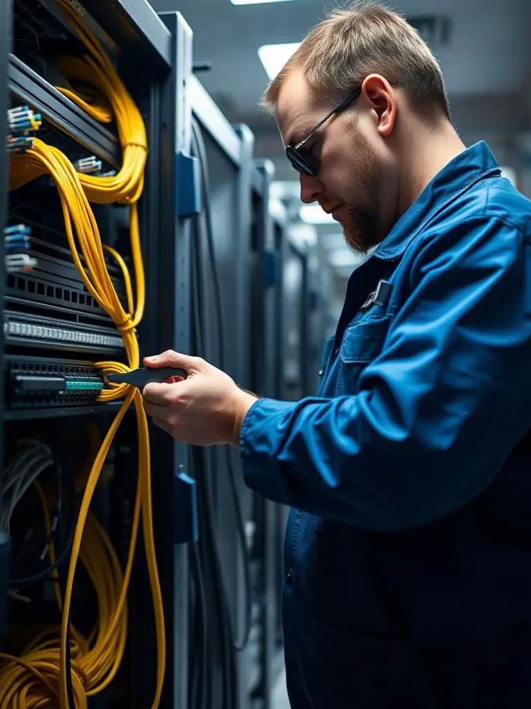 A close-up shot of a technician meticulously terminating a Cat6 cable into a patch panel in a clean, organized server room environment, showcasing precision and attention to detail.
