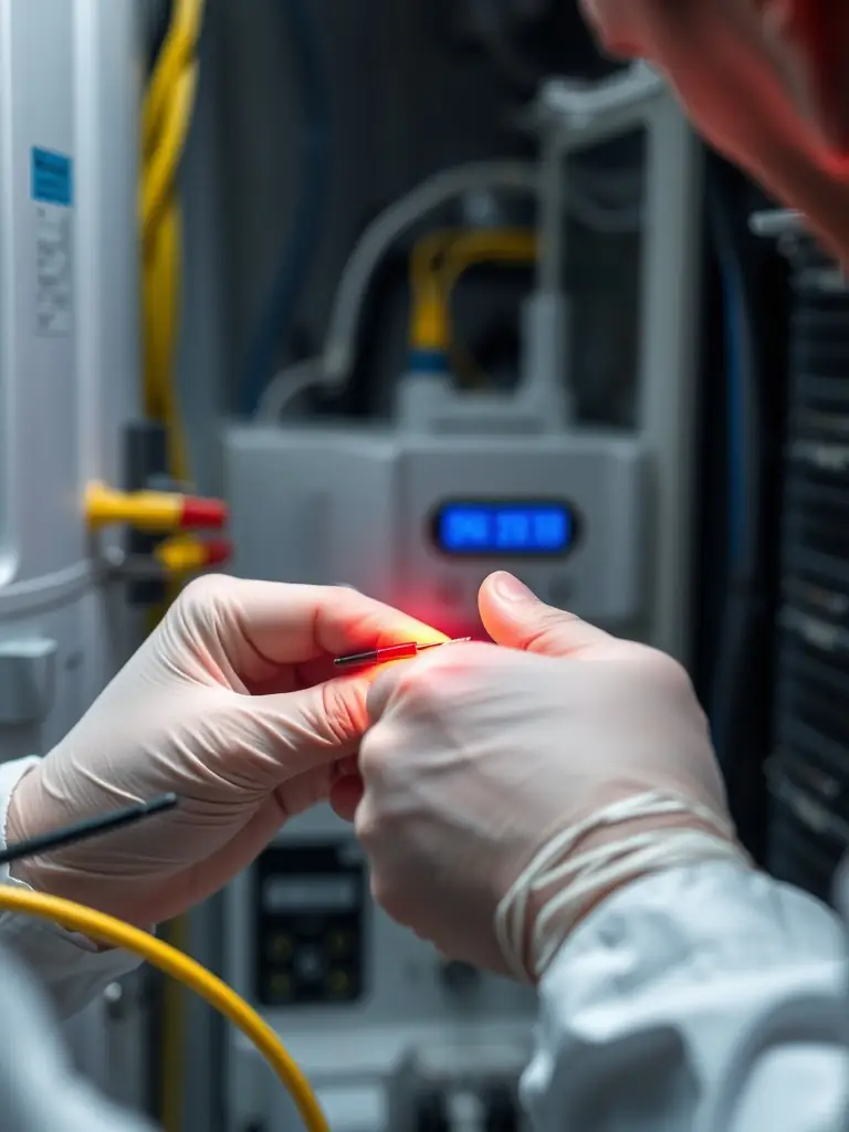 A close-up shot of a fiber optic cable being meticulously terminated in a controlled environment, showcasing the precision required for optimal performance in Atlanta.