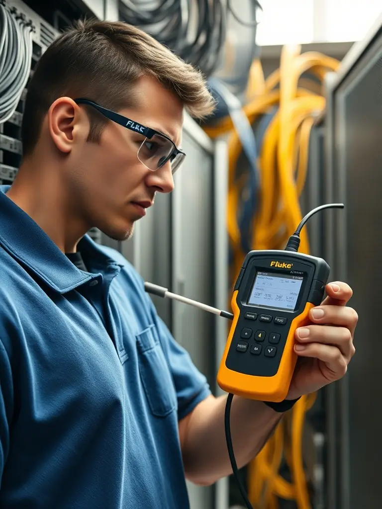 A picture of a technician using a Fluke network analyzer to test and certify a newly installed cable run, demonstrating commitment to quality assurance and compliance.