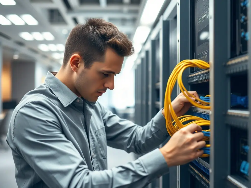 A network technician installing Cat6A cabling in a commercial office environment, focusing on the precision and organization of the cable management.