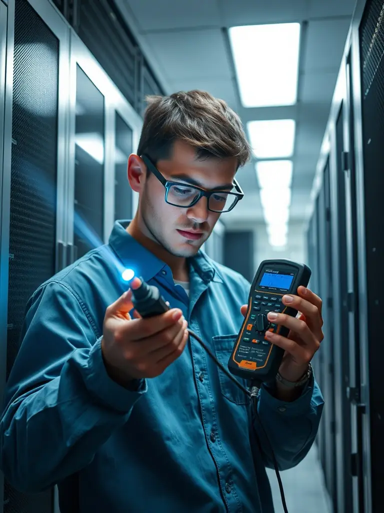 A technician using a light source and power meter to measure signal strength in a fiber optic cable, ensuring optimal performance and identifying potential issues in Atlanta.