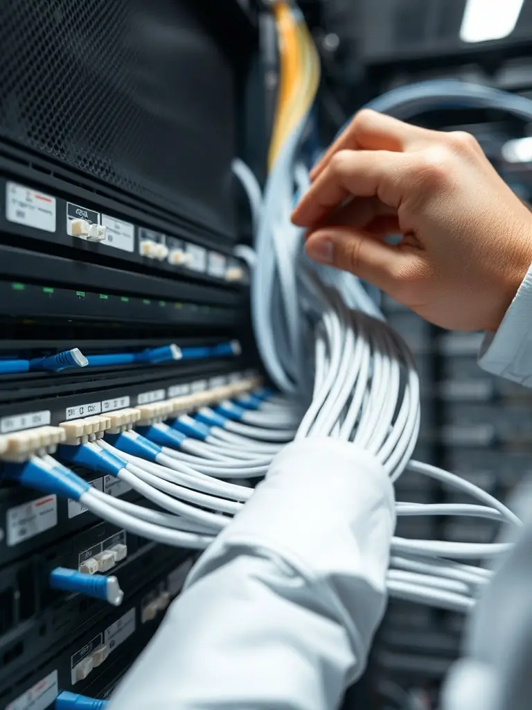 A close-up shot of a neatly organized Cat6 cable installation in a server room, highlighting the clean cable management.
