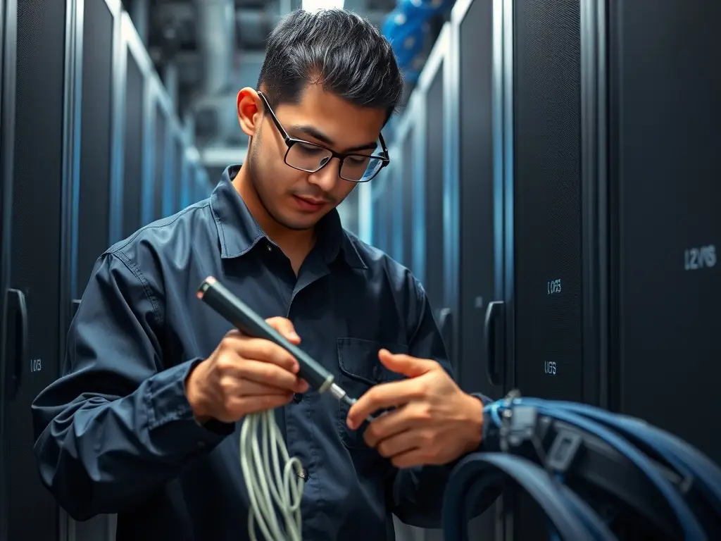 A technician performing fiber optic splicing and testing in a data center, highlighting the advanced technology and precision involved.