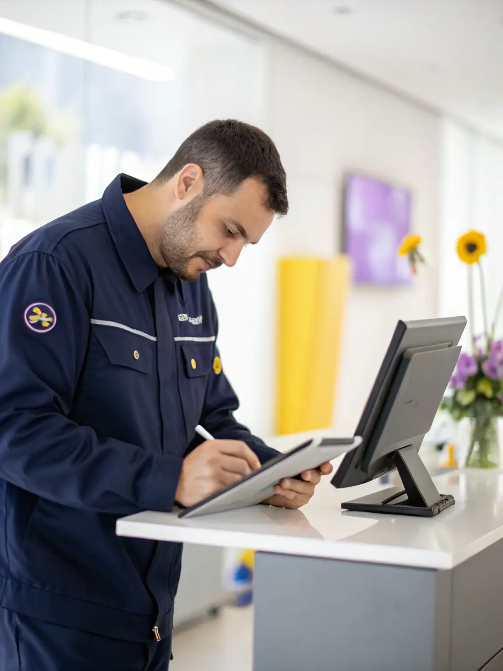 A photo of a Cabling Atlanta technician performing a site assessment in a commercial office space, using a tablet to document existing network infrastructure.