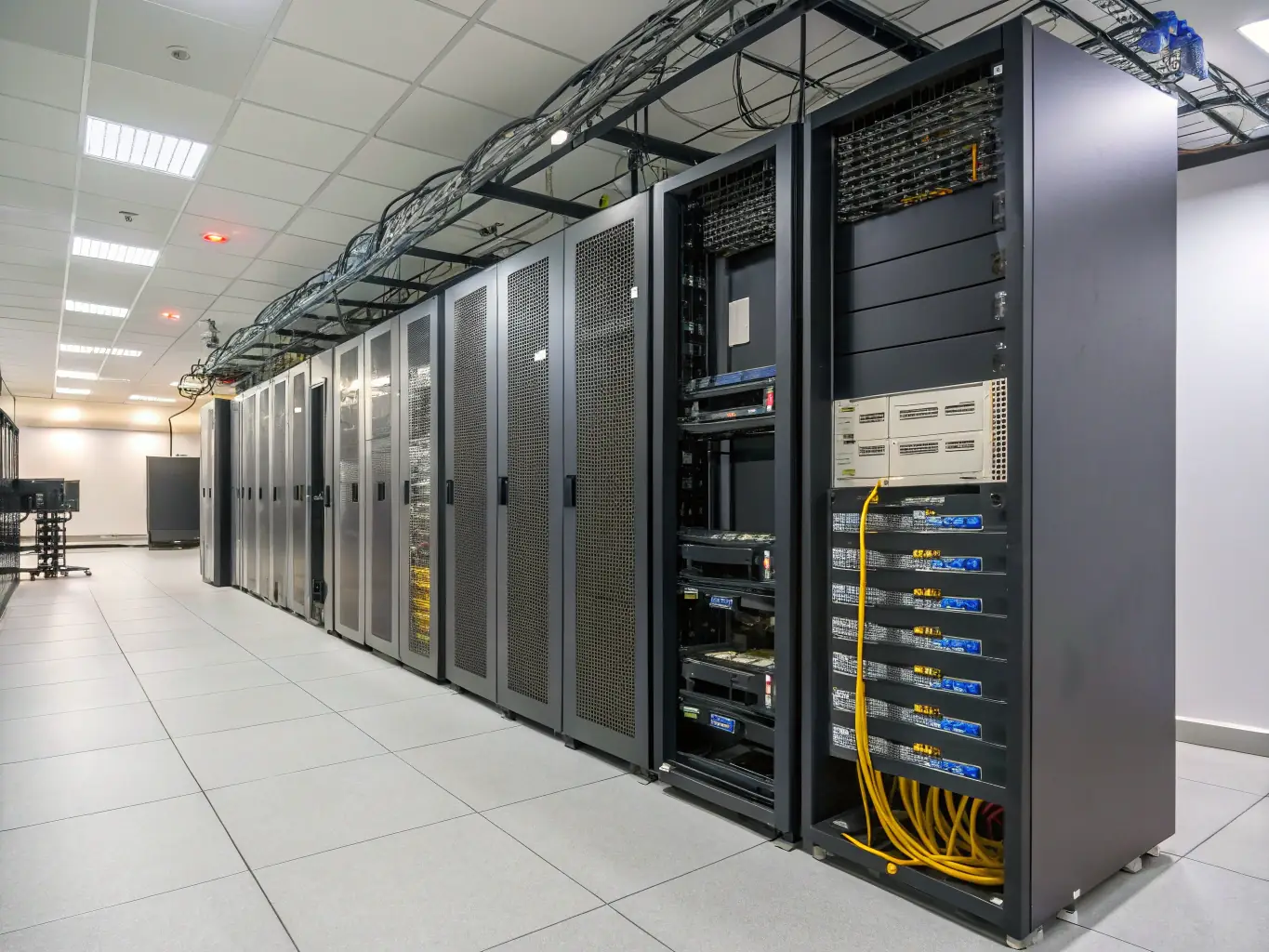 A well-organized server room with racks and equipment, showcasing the setup and maintenance of MDF/IDF infrastructure.