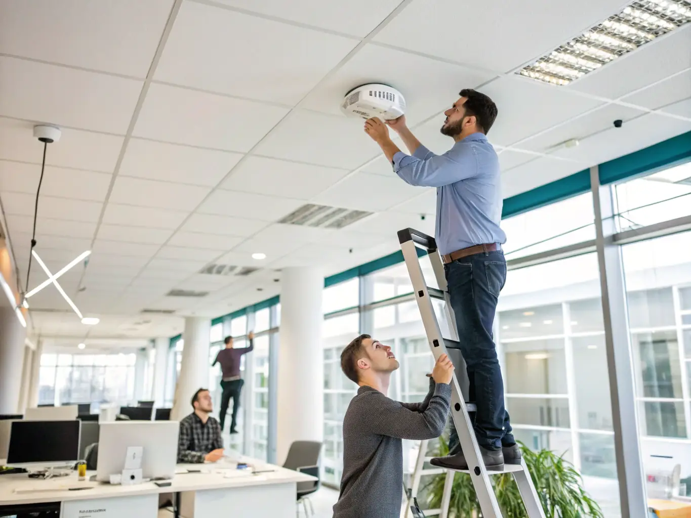 A photo of a technician installing a ceiling-mounted wireless access point in a modern office environment, showcasing the professional installation of access points.
