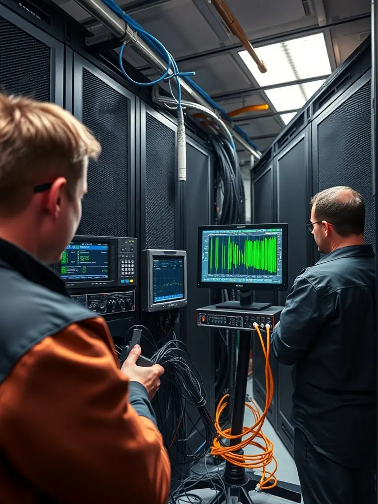An image of a Cabling Atlanta team member using an OTDR (Optical Time Domain Reflectometer) to test and certify a newly installed fiber optic cable.