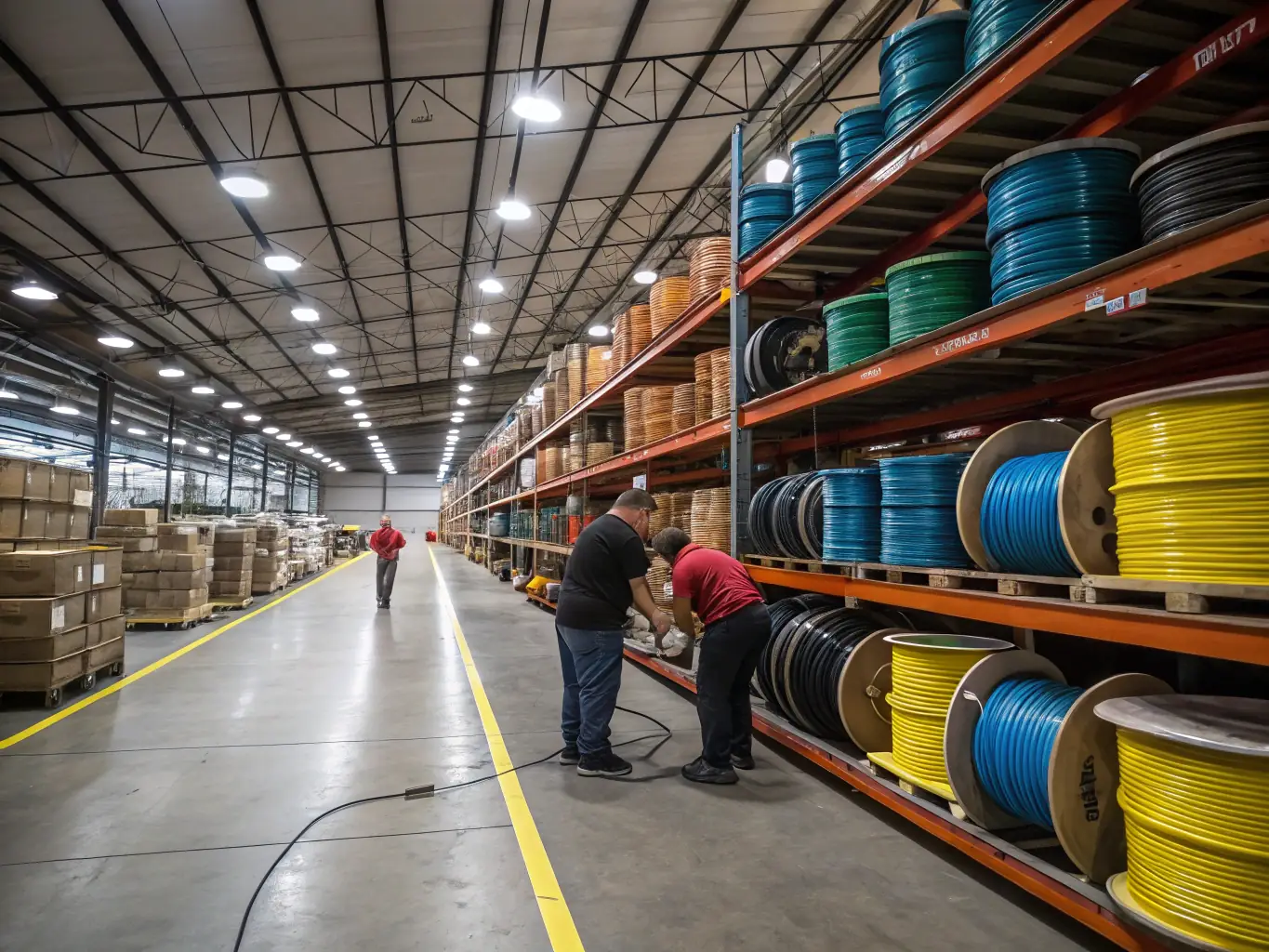 A large warehouse interior with high ceilings and extensive network cabling running along the walls and ceiling, illustrating the scale and complexity of cabling in warehouse settings.