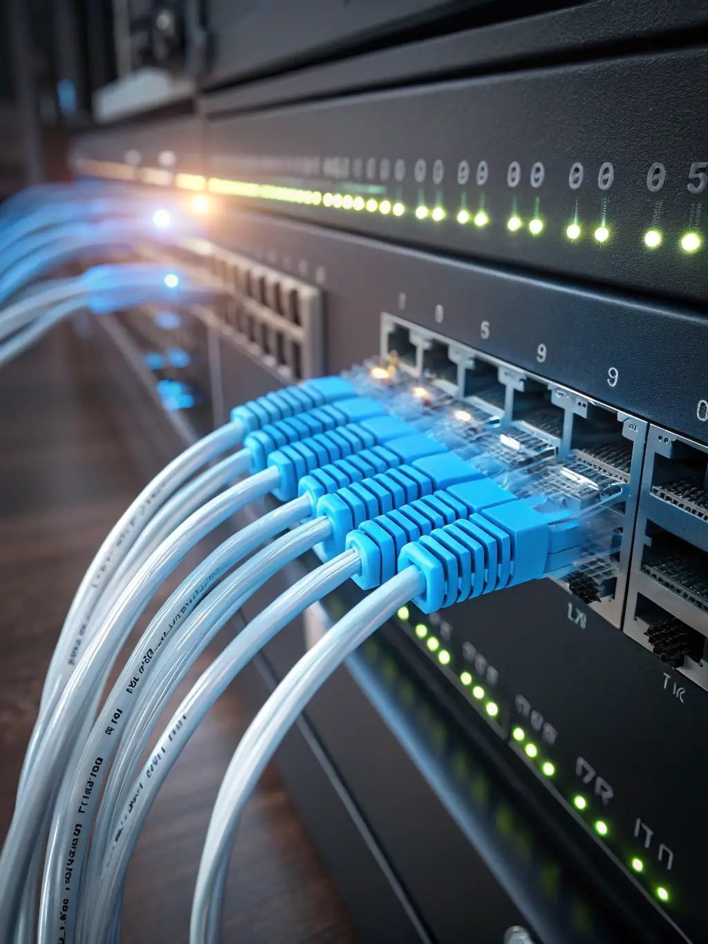 A close-up shot of a perfectly terminated Cat5e cable, highlighting the color-coded wires and RJ45 connector, used to showcase the precision and quality of Cabling Atlanta's Cat5e cabling services.