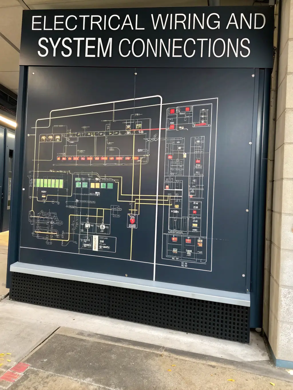 A detailed architectural blueprint of an office building, highlighting the structured cabling pathways and network infrastructure design, emphasizing meticulous planning and organization.