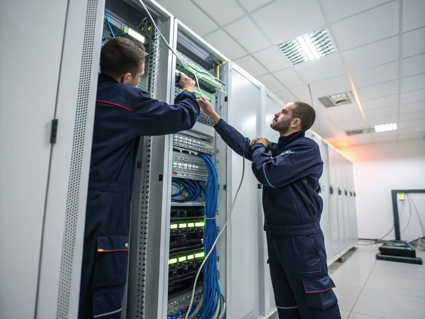 A technician installing structured cabling in an Atlanta MDF/IDF room, demonstrating the integration of Cat6 and fiber optic cables.