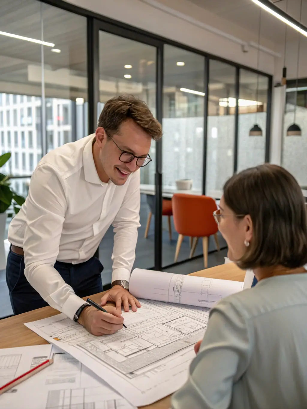 A consultant reviewing blueprints with a client in a modern office setting, emphasizing the initial consultation phase of Cabling Atlanta's process.