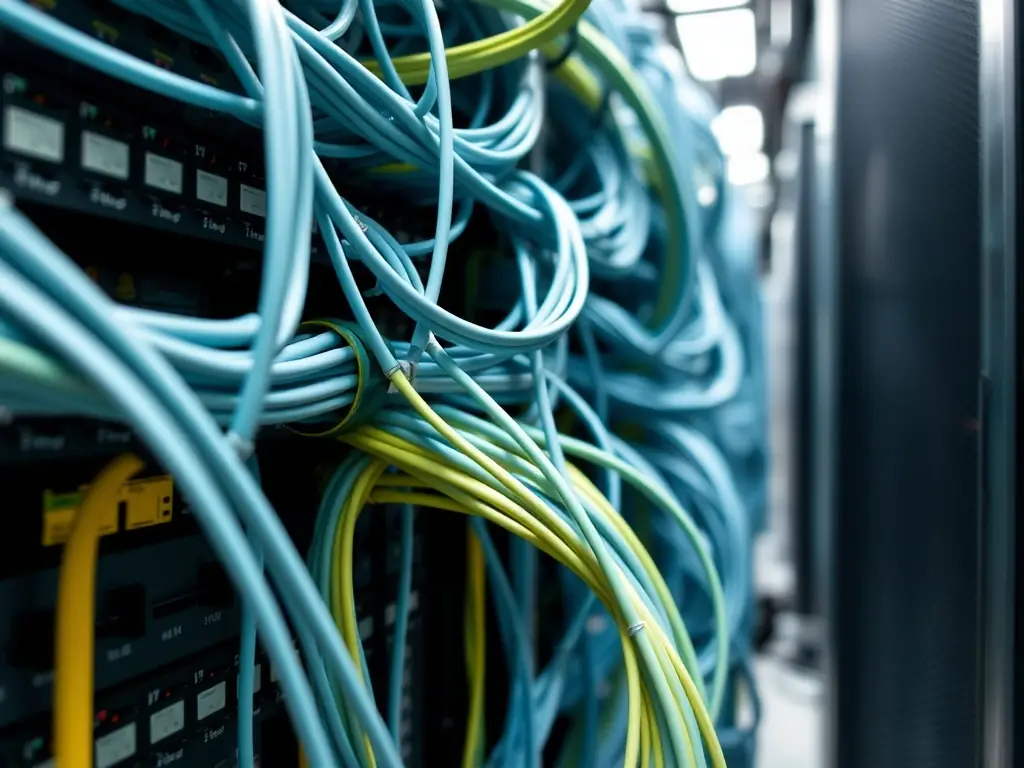 A close-up shot of a neatly organized patch panel in an Atlanta data center, highlighting proper labeling and cable management techniques.