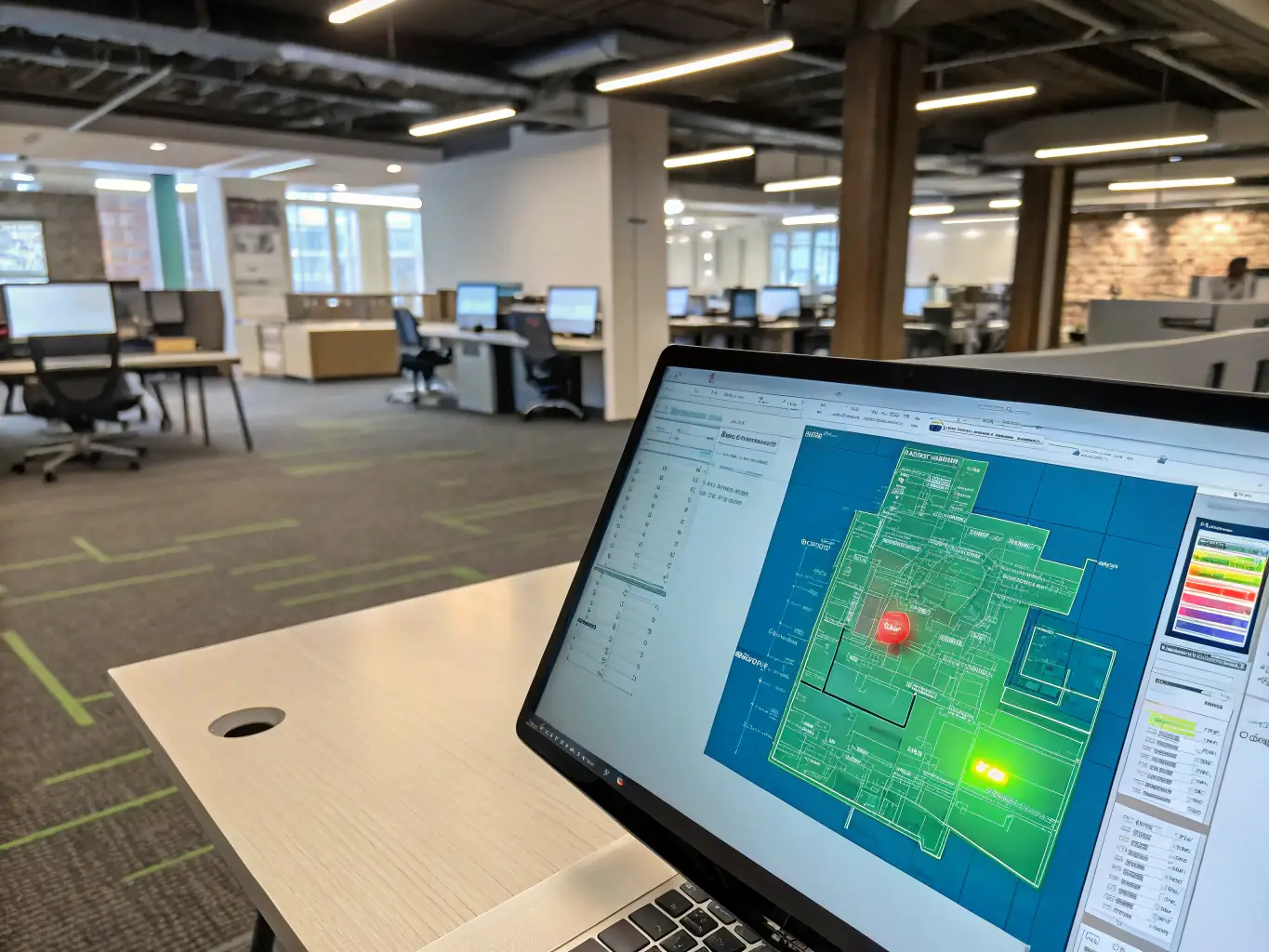 A heat map visualization overlaid on an office floor plan, illustrating WiFi signal strength and coverage areas, demonstrating the precision of heat mapping services.
