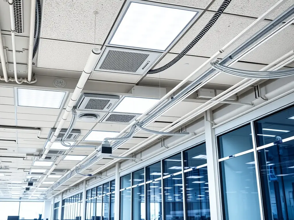 A modern office space with visible network cabling infrastructure, showcasing organized and efficient cable management, reflecting the needs of office environments for structured cabling.