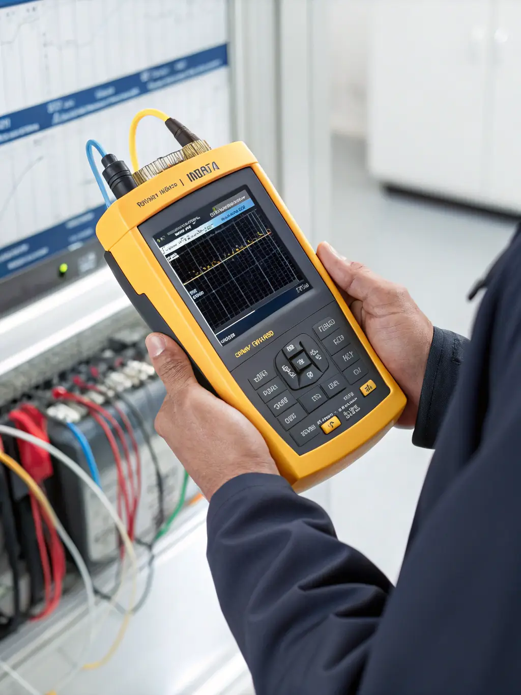 A Fluke testing device displaying a successful network certification result, with cables and connectors visible in the background, symbolizing quality assurance.