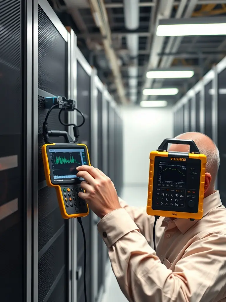 An OTDR (Optical Time Domain Reflectometer) being used to test and certify a newly installed fiber optic cable, demonstrating Cabling Atlanta's commitment to quality assurance and performance validation.