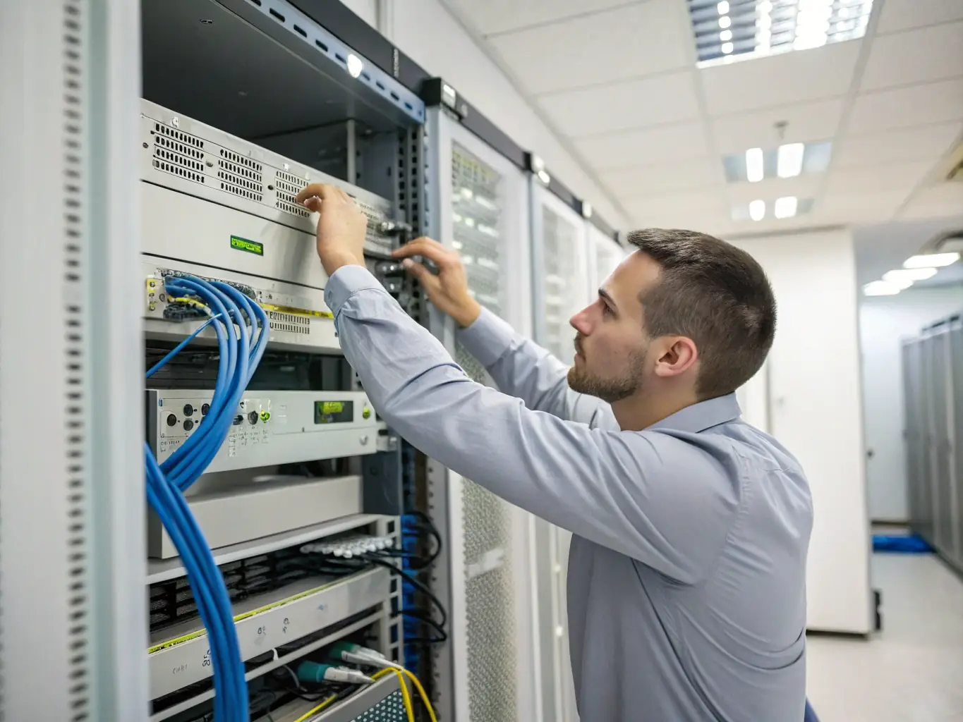 A close-up shot of professionally installed and labeled Cat6 cables, highlighting the meticulous attention to detail and organization provided by Cabling Atlanta.