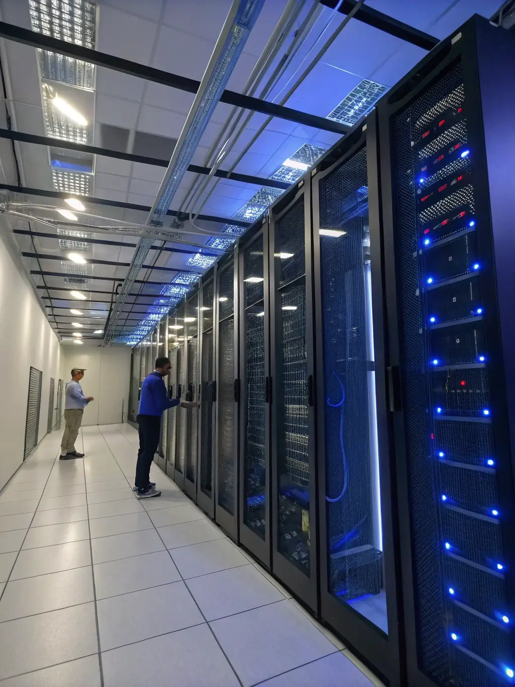 A wide shot of a well-organized data center with neatly routed fiber optic cables forming the backbone of the network, emphasizing the importance of structured cabling for efficient data transmission.