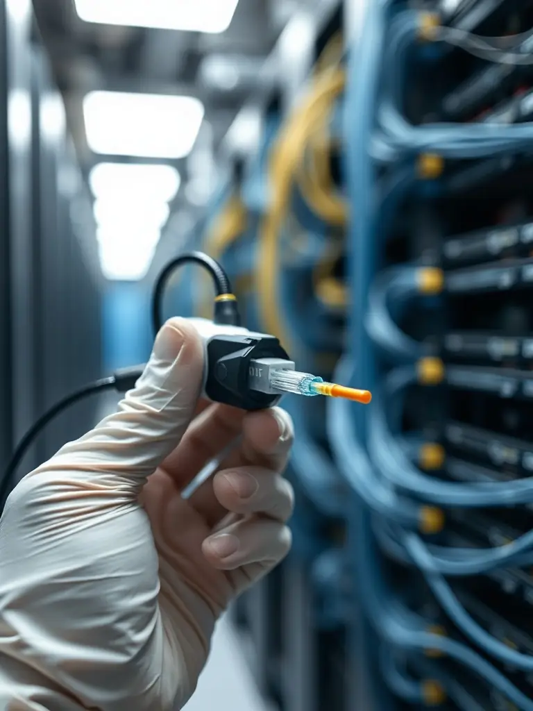 A close-up shot of a technician carefully connecting a singlemode fiber optic cable in a data center environment, highlighting the precision and expertise involved in singlemode fiber installation for Cabling Atlanta.