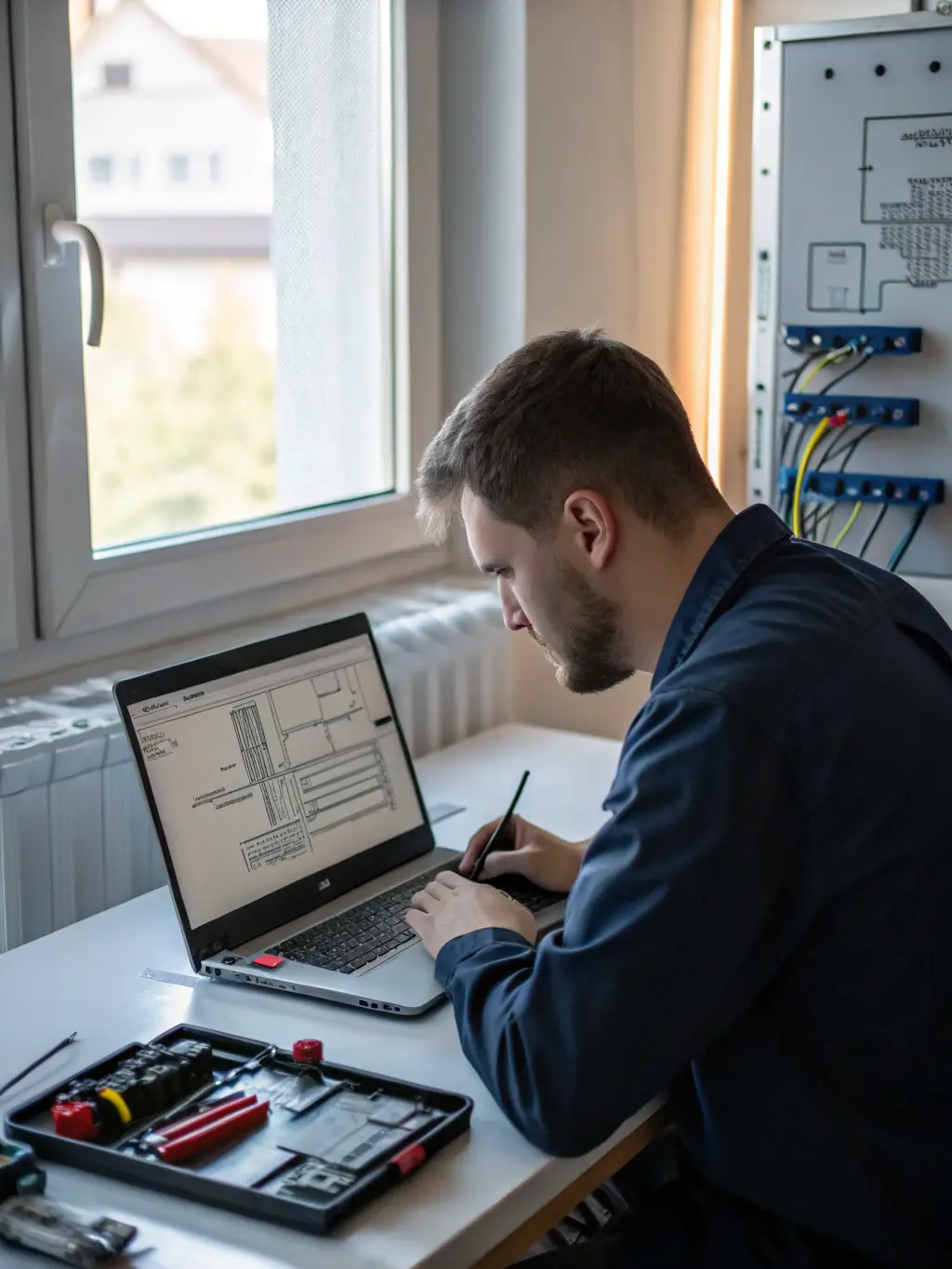 A photo of Cabling Atlanta technicians reviewing network diagrams and floor plans, planning the Cat6 cable routes in a commercial building.