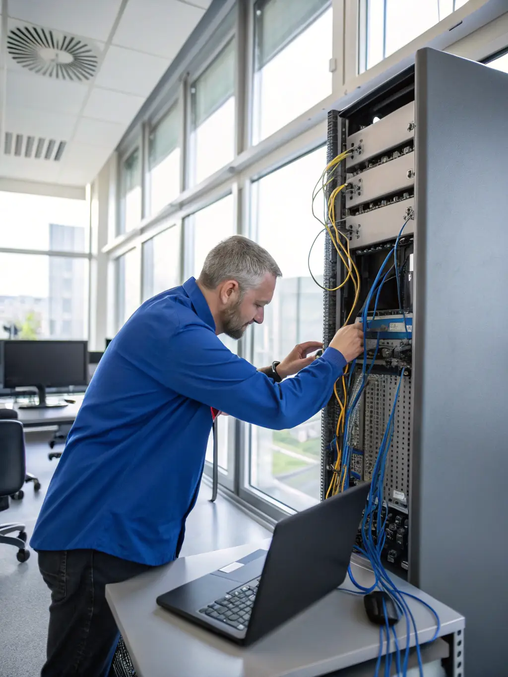 An office space with neatly installed network cables running along the walls and ceiling, showcasing a clean and organized cabling system.