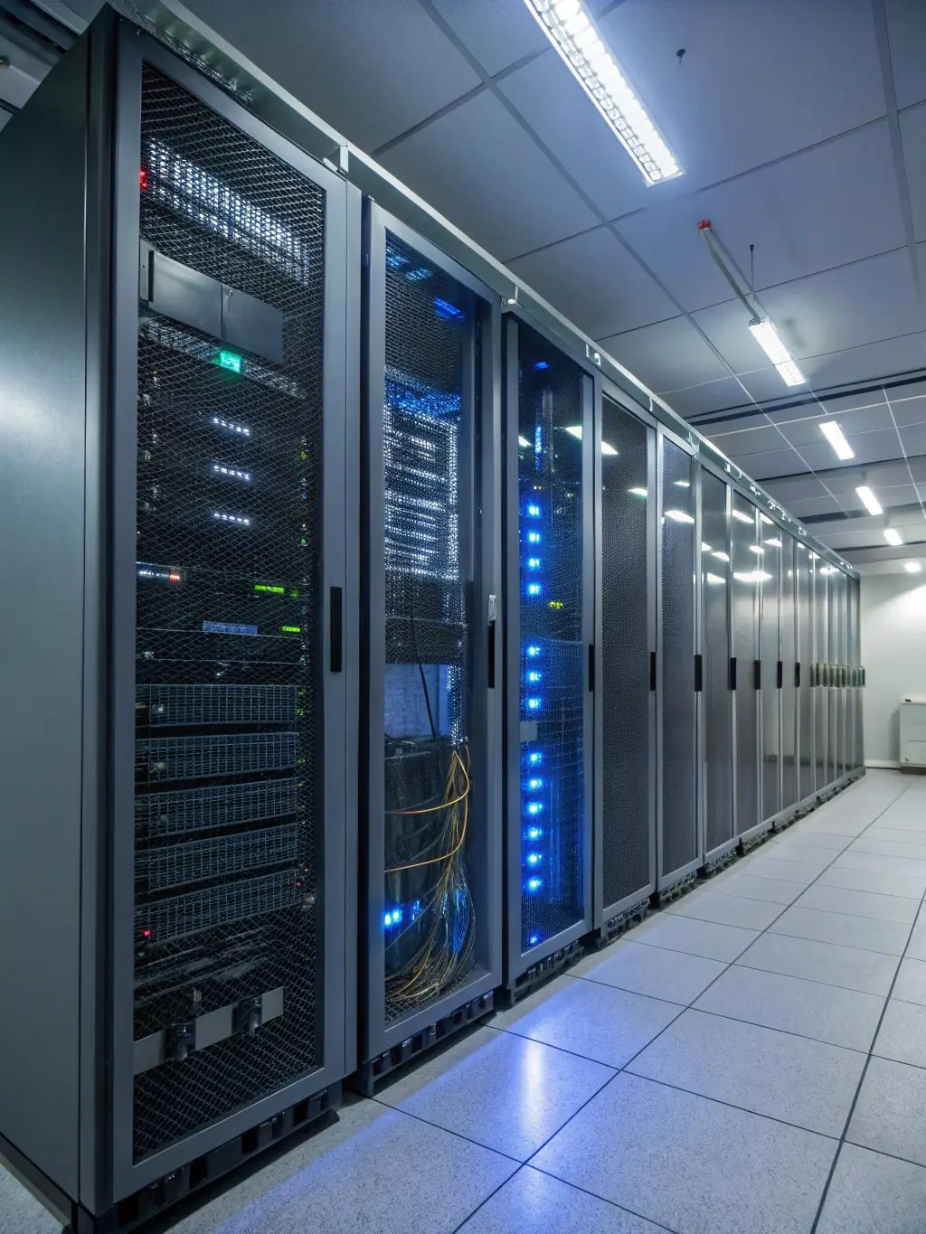 A server room image with neatly organized cable racks, illustrating a scalable and well-managed network infrastructure.