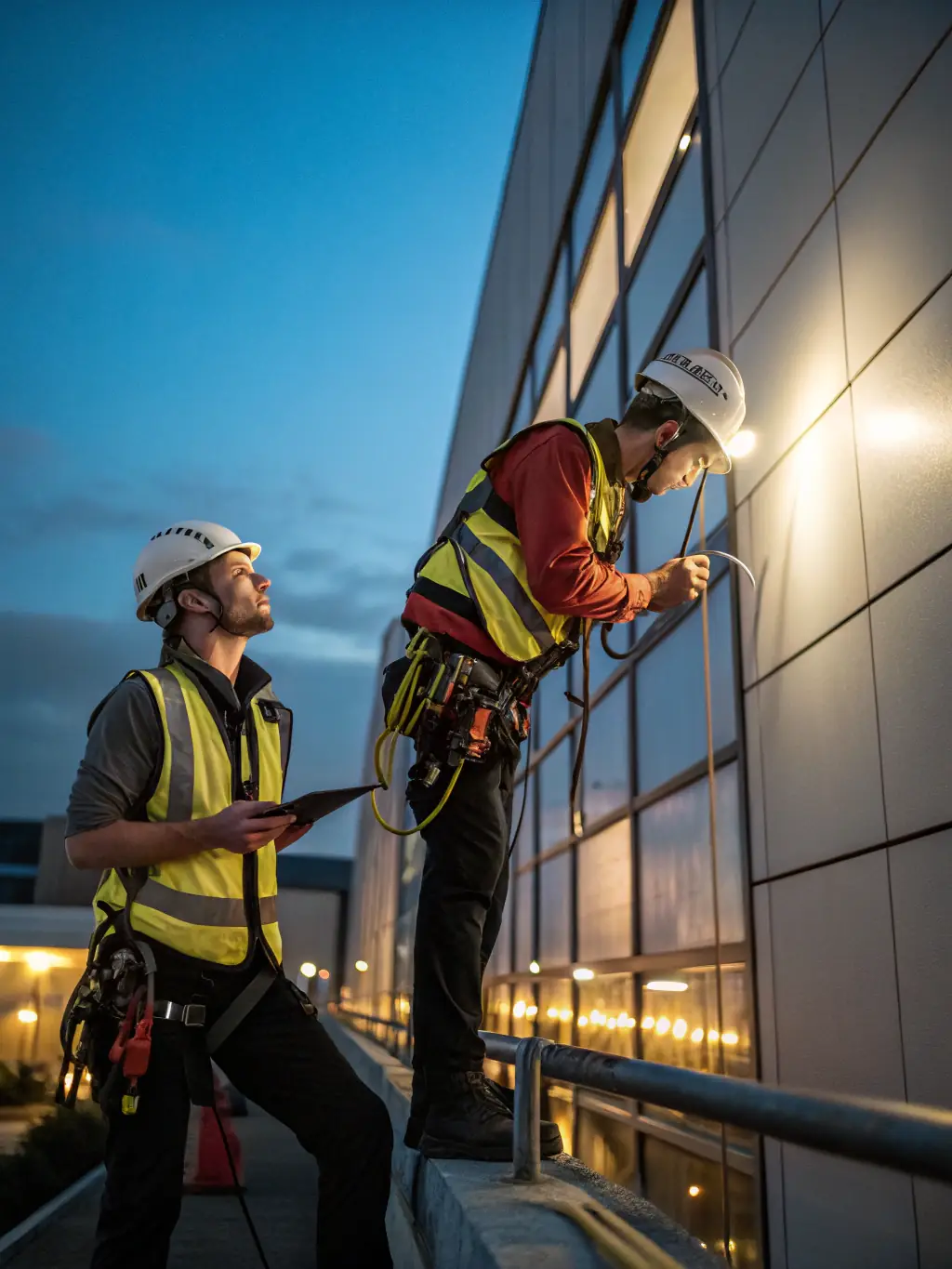 A construction site photo showing Cabling Atlanta technicians coordinating with construction workers on cabling installation.