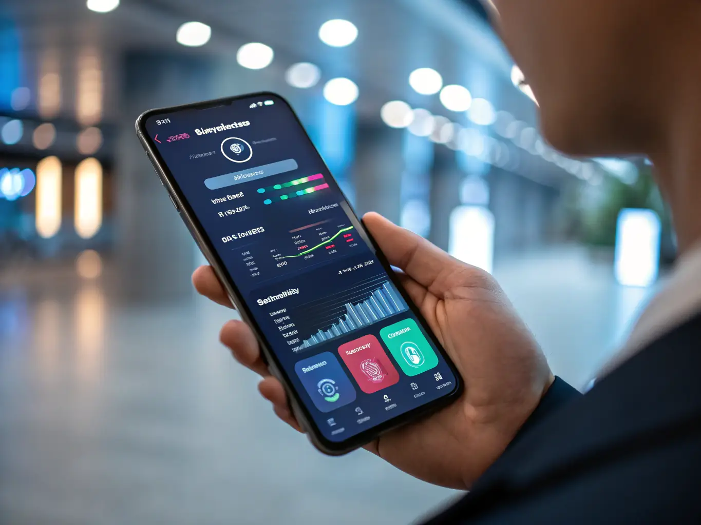 A close-up shot of a smartphone displaying the Affirm app interface, showcasing the monthly payment breakdown for a structured cabling project. The background is a blurred office environment with network cables.