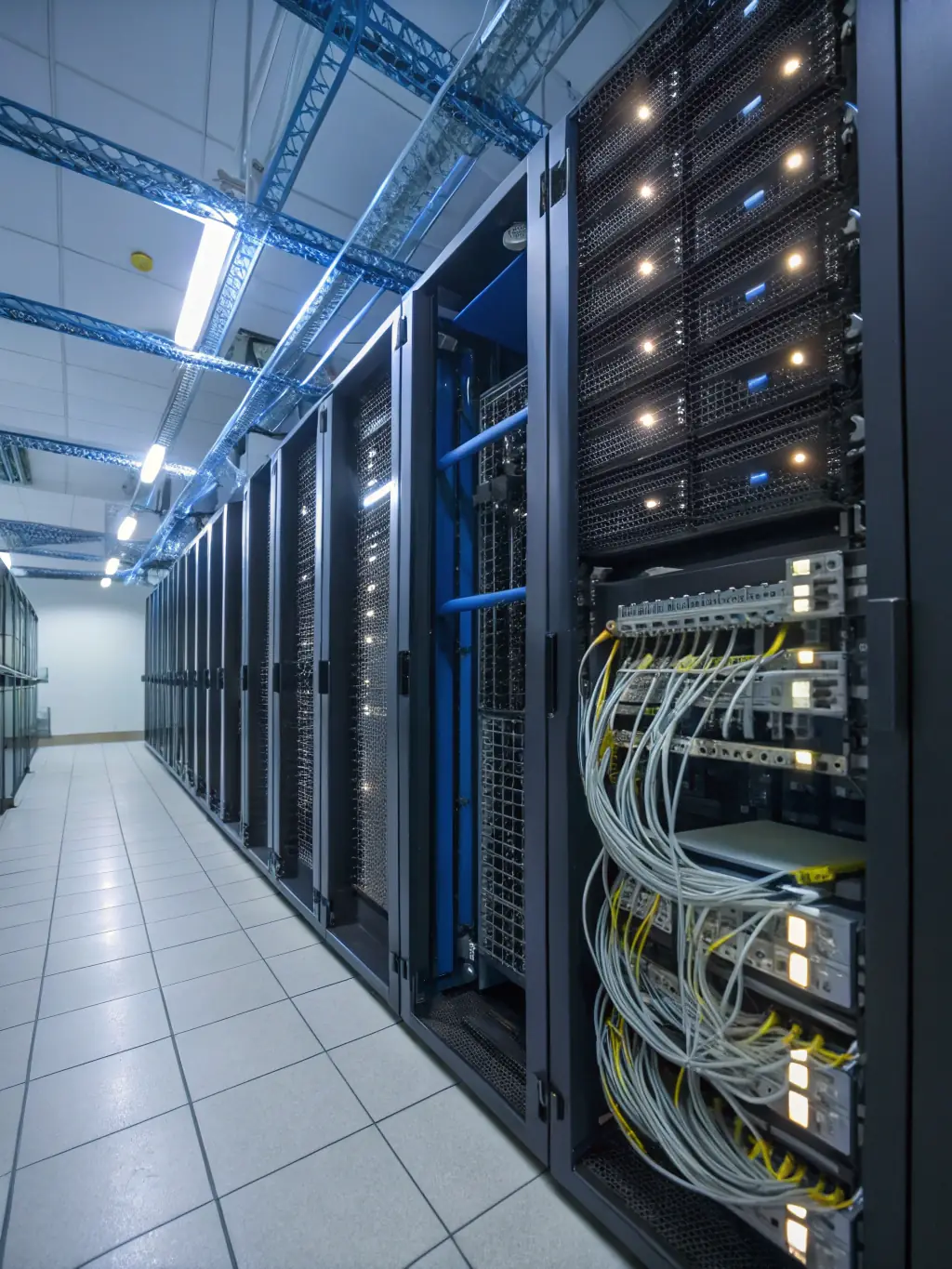 An image showcasing a data center environment with neatly organized cable runs and labeled connections, highlighting adherence to TIA-568 standards.